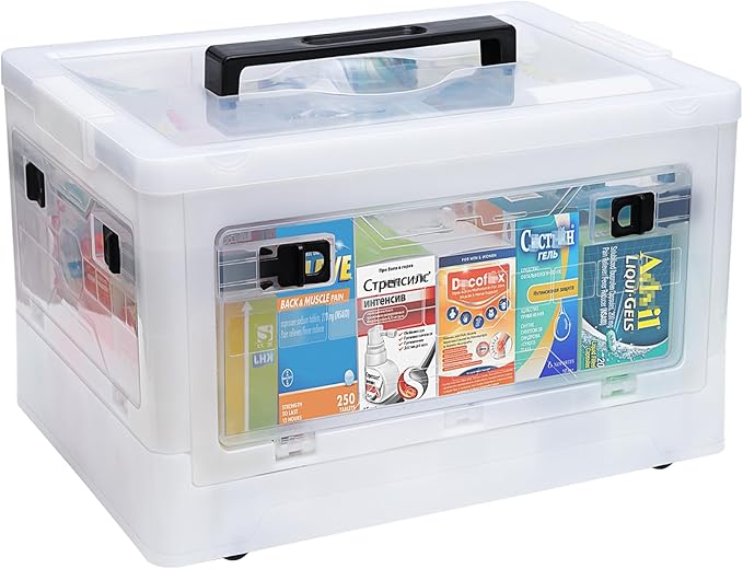Gifhomfix Extra Large Medicine Storage Box with Handles, First Aid Box Clear Medical Supply Organizer with Removable Tray, Multipurpose Plastic Medicine Chest with Wheels