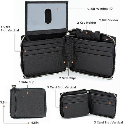 RFID Safe Leather Bi-fold Chain Wallet for Men Zip around Purse for Women Biker's Trucker YKK Metal Zipper Closure Filp up window ID (Black without Chain)