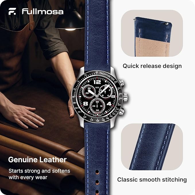 Fullmosa Watch Band, Quick Release Leather Watch Strap for Men Women, Replacement Bands Width 12mm 14mm 16mm 18mm 19mm 20mm 21mm 22mm 24mm
