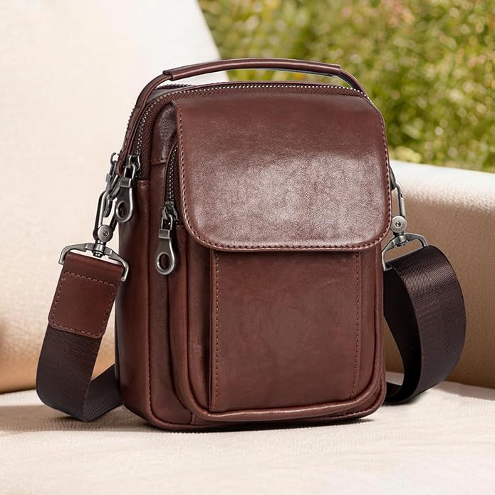 Augus Leather Small Messenger Bag For Men Crossbody Handbag Shoulder Sling Travel Bags for Men Purse Daypack Magnetic Buckle