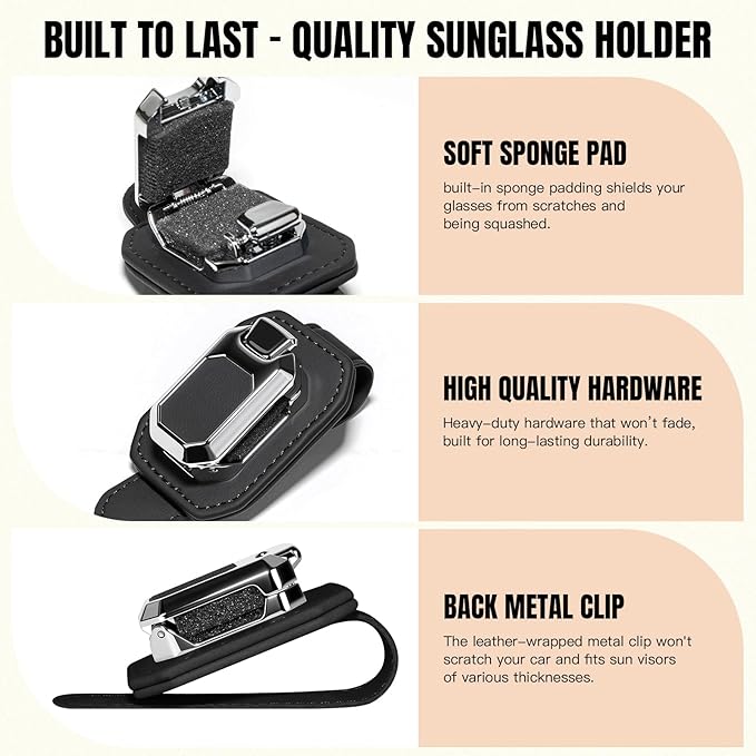 2PCS Sunglass Holder for Car Visor, Faux Leather Eyeglass Holder Clip for Car Sun Visor Organizer, Universal One Handed Operation Sun Glass Hanger, Car Interior Accessories for Women Man