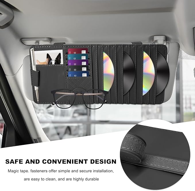 Sun Visor CD Case Holder for Car, Leather Auto Visor DVD Storage Case with Card Slots & Pen Holder, Multi-Pocket Large Capacity CD Layered Organizer for Most Vehicles (Black)