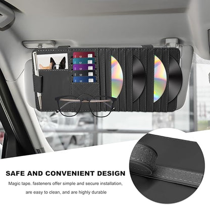 Sun Visor CD Case Holder for Car, Leather Auto Visor DVD Storage Case with Card Slots & Pen Holder, Multi-Pocket Large Capacity CD Layered Organizer for Most Vehicles (Black)