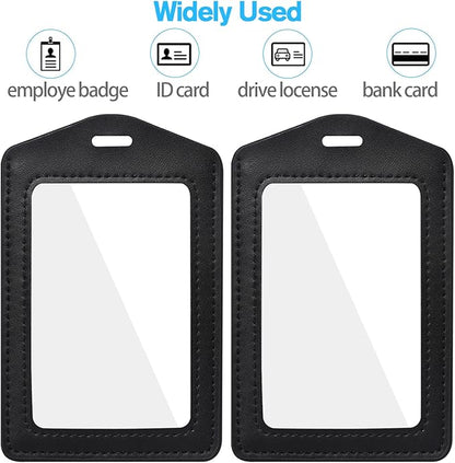 2 Pcs Genuine Leather ID Badge Holder Vertical Double-Side Clear Card Holder Waterproof Name Badge Holder for Office, Staff, Students, Employees(Black&Black)