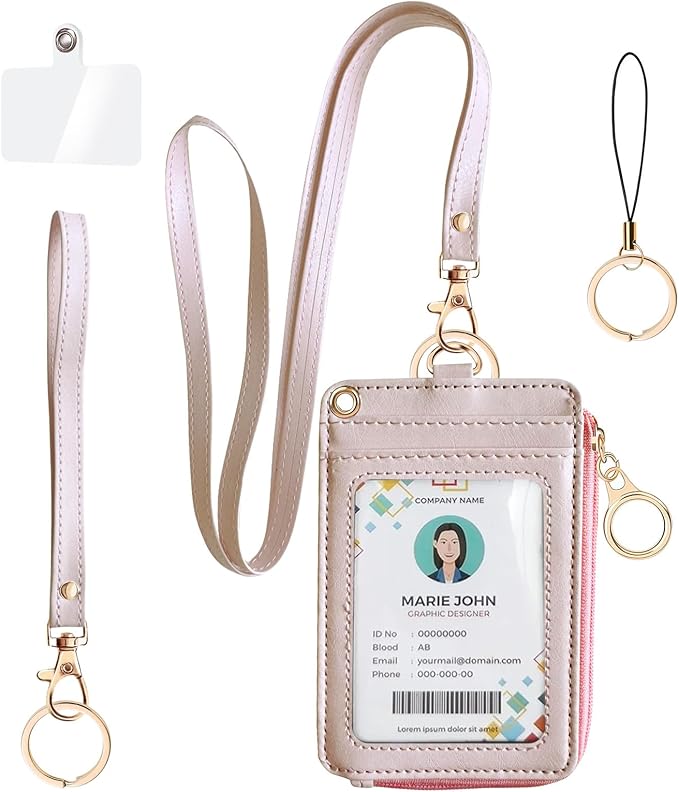Bolimoss 2-in-1 ID Badge Holder & Lanyard Wallet, Credit Card Holders with Breakaway Wristlet & Neck Lanyard, Leather ID Name Badge 5 Card Slots Zipper Purses for Offices, School, Driver Licence