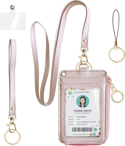 Bolimoss 2-in-1 ID Badge Holder & Lanyard Wallet, Credit Card Holders with Breakaway Wristlet & Neck Lanyard, Leather ID Name Badge 5 Card Slots Zipper Purses for Offices, School, Driver Licence