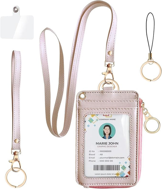 Bolimoss 2-in-1 ID Badge Holder & Lanyard Wallet, Credit Card Holders with Breakaway Wristlet & Neck Lanyard, Leather ID Name Badge 5 Card Slots Zipper Purses for Offices, School, Driver Licence
