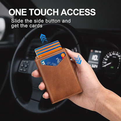 Wallet for Men, RFID Wallet with Money Clip & ID Window, Minimalist Pop Up Credit Card Case Holder 10-12 Cards, Bifold Slim Smart Wallet for Front Pocket, Compact Metal Wallets, Gifts for Men, Brown