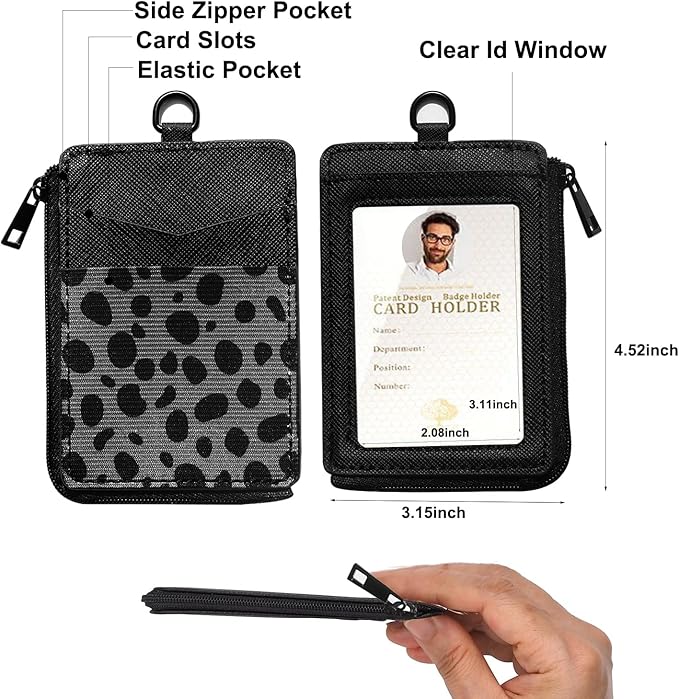 2-in-1 ID Badge Holder & Elastic Card Holder Wallet,Minimalist Men & Women Zip Card Holder Wallet with Neck Lanyard,3 Card Slots and 1 Side Zipper Pocket (Black-Cow)