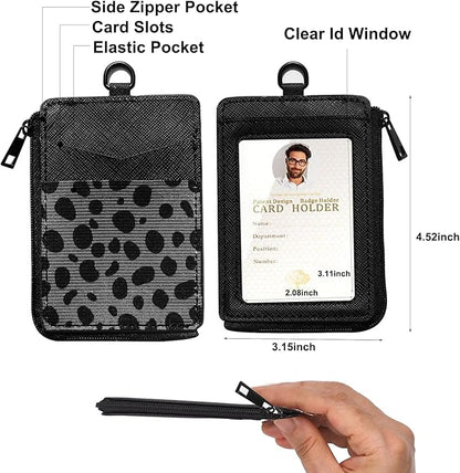 2-in-1 ID Badge Holder & Elastic Card Holder Wallet,Minimalist Men & Women Zip Card Holder Wallet with Neck Lanyard,3 Card Slots and 1 Side Zipper Pocket (Black-Cow)
