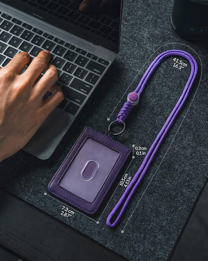 VULKIT ID Badge Holder with Lanyard for Women and Men Vertical Leather Badge Holder with Clear ID Window Card Holder Slot and Money Pocket Purple