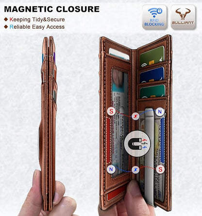 BULLIANT Men Airtag Wallet,Slim Wallet Money Clip Card Holder Magnetic Closure 12 Cards in Front Pocket RFID Blocking