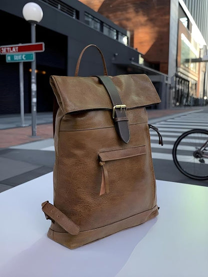 VANSI Soft Leather Men Women Laptop Backpack School College Office (Tan Brown)