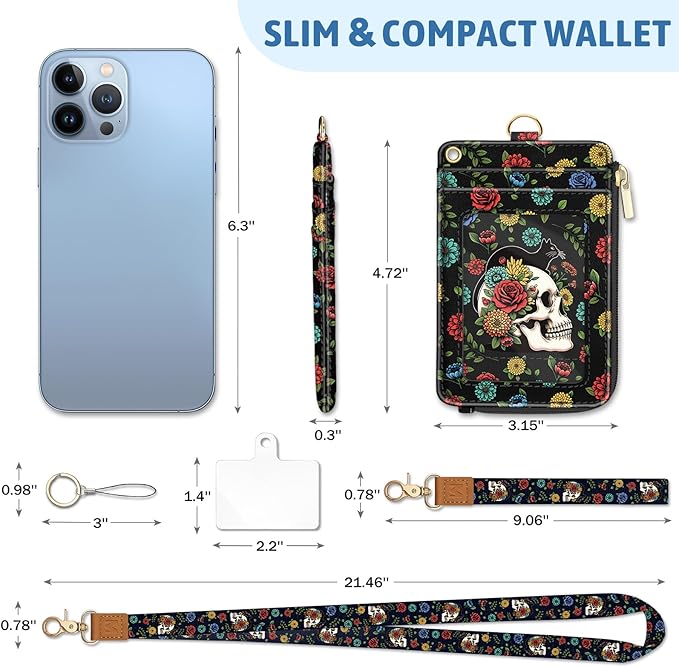 Goth Skull Floral Lanyard Wallet with ID Badge Holder, Black Cat Small RFID Wallet Women Keychain Wristlet, Slim Credit Card Holder with Zipper Pocket Phone Lanyard Wrist Strap Name Tag Office Teacher