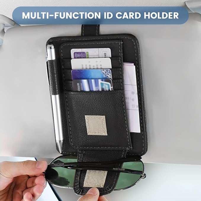 PU Leather Sun Visor Organizer, Car Visor Sunglasses Holder with Card and Pen Pockets, Universal Sunvisor Organizer for Car Truck SUV, Interior Accessories Storage (2PCS)
