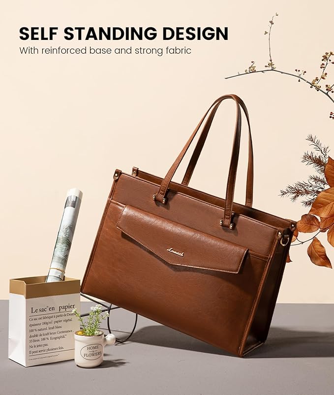 LOVEVOOK Laptop Bag for Women, 15.6'' Laptop Tote Purse 2-in-1 Professional Work Bag Business Briefcase with Clutch Purse, Waterproof Vintage Leather Computer Handbag for Teacher Office Travel