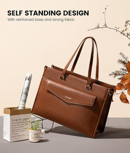 LOVEVOOK Laptop Bag for Women, 15.6'' Laptop Tote Purse 2-in-1 Professional Work Bag Business Briefcase with Clutch Purse, Waterproof Vintage Leather Computer Handbag for Teacher Office Travel