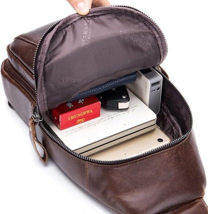 Hebetag Leather Sling Bag Crossbody Backpack for Men Women Outdoor Travel Work Shoulder Chest Pouch Camping Casual Daypack Coffee 18cm(W) x8cm(D) x30cm(H)(7.08"x3.14"x11.81") approx;