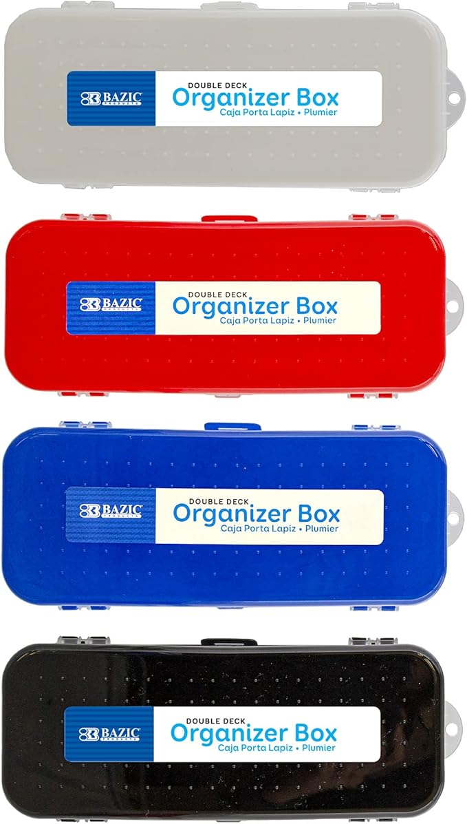BAZIC PRODUCTS Plastic Pencil Case, Double Deck Utility Storage Box, Multi Purpose Organizer & Supply Holder, Transparent Box Design, Assorted Color, Ideal for School, Office & Craft Use, 4-Pack