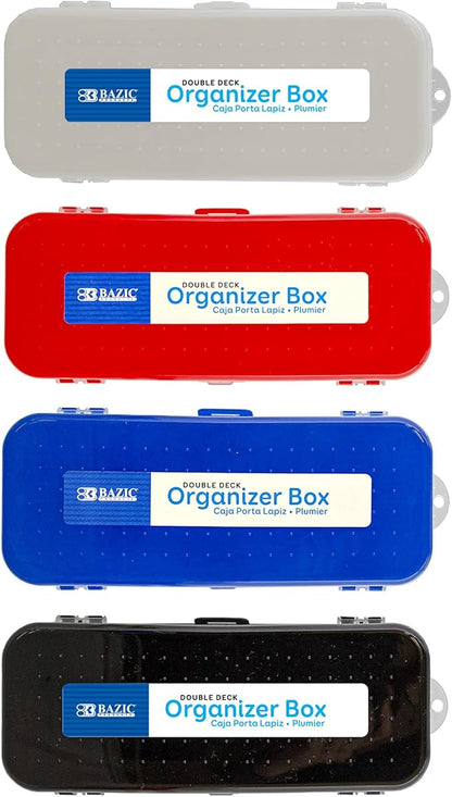 BAZIC PRODUCTS Plastic Pencil Case, Double Deck Utility Storage Box, Multi Purpose Organizer & Supply Holder, Transparent Box Design, Assorted Color, Ideal for School, Office & Craft Use, 4-Pack