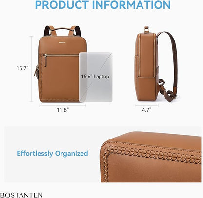 BOSTANTEN Leather Backpack 15.6 inch Laptop Bag Travel Casual Computer Backpack College Business Work Shoulder Bags with Trolley Sleeve for Women Men Brown