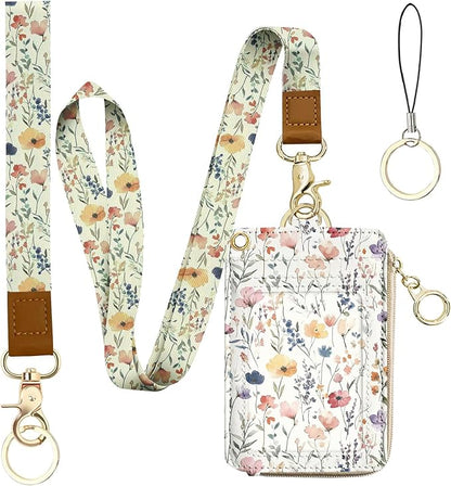 bolimoss 2-in-1 ID Badge Holder & Lanyard Wallet, Cute Florals Leather ID Badge Wallet for Teacher, 5 Card Slots Side Zipper Pocket Detachable Neck Wrist Lanyard for Key (Watercolor Flower)
