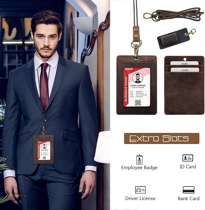 Office Badge Holder - Boshiho Genuine Leather Credit ID Card Holder with Neck Lanyard Pen Clip Vertical Style (Dark Brown)