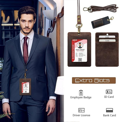 Office Badge Holder - Boshiho Genuine Leather Credit ID Card Holder with Neck Lanyard Pen Clip Vertical Style (Dark Brown)