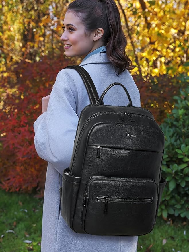Leather Laptop Backpack for Women 15.6 Inch Laptop Travel Backpack Purse Casual Daypack with Laptop Compartment for College Work Nurse Business Weekender, Black