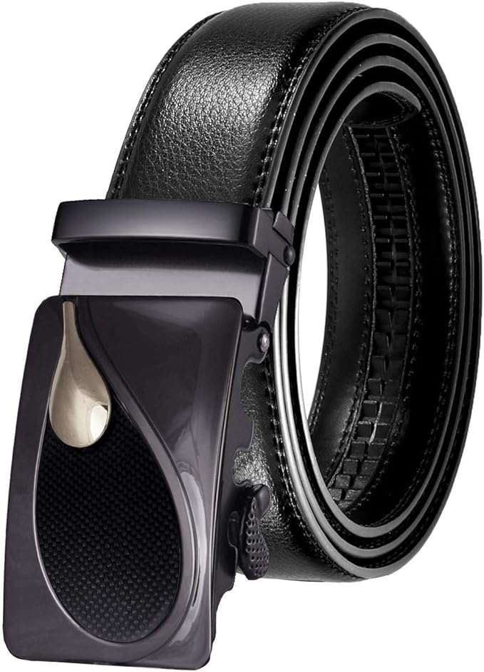 JINIU Men's Ratchet Belt Buckle, Black Genuine Leather Slide Belt for Men Dress Suit, Micro Adjustable Trim to Fit Boxed