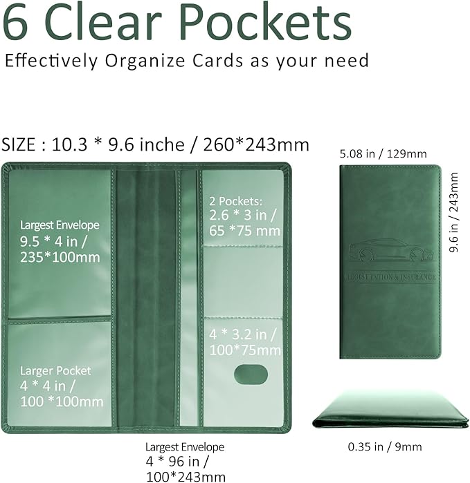 Car Accessories Registration and Insurance Holder,Leather Essential Card Magnetic Shut Vehicle Glove Box Organizer Case for Auto Driver License Document Truck Motorcycle Boat-Green