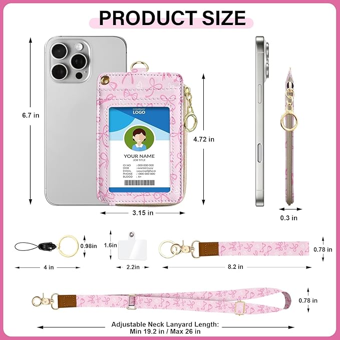 Bowknot Lanyard Wallet with Id Badge Holder, RFID Small Keychain Wallet Lanyard for Women Wristlet, Pu Leather Zipper Credit Card Holder Phone Wrist Neck Strap for Key Name Tag - Pink
