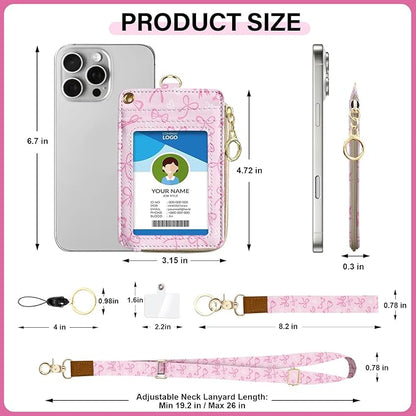 Bowknot Lanyard Wallet with Id Badge Holder, RFID Small Keychain Wallet Lanyard for Women Wristlet, Pu Leather Zipper Credit Card Holder Phone Wrist Neck Strap for Key Name Tag - Pink