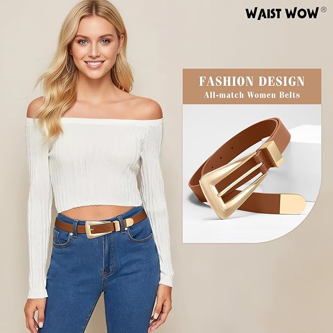 Women's Leather Belts for Jeans Pants Fashion Leather Waist Belt Ladies Dress Belts with Gold/Silver Buckle