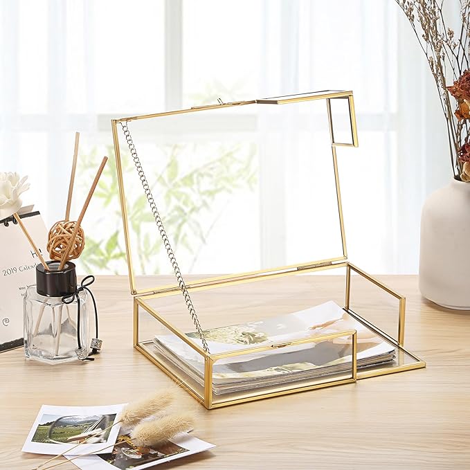 Hipiwe Gold Glass Photo Box - Vintage Photo Storage Organizer, Trinket Box Jewelry Display Organizer Photo Keepsake Box Case Home Decor (Medium)