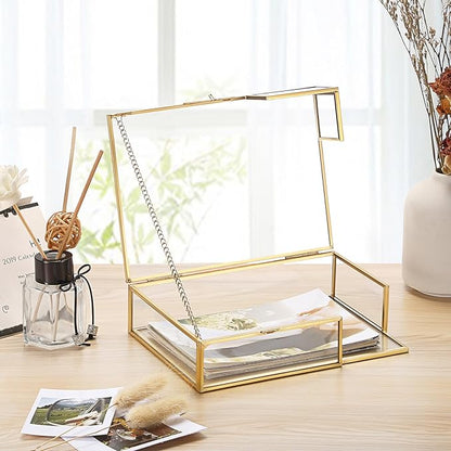 Hipiwe Gold Glass Photo Box - Vintage Photo Storage Organizer, Trinket Box Jewelry Display Organizer Photo Keepsake Box Case Home Decor (Medium)