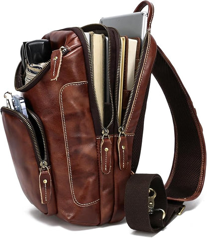 LANNSYNE Vintage Full Grain Leather Sling Bag Crossbody Chest Daypack | Vintage, Full Grain, Leather, Chest