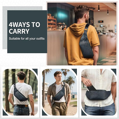 Faux Leather Belt Bag for Men, Crossbody Sling Bag with Adjustable Strap, Back Zipper Pocket, Large Capacity Waist Pack for Travel, Work, Navy Blue