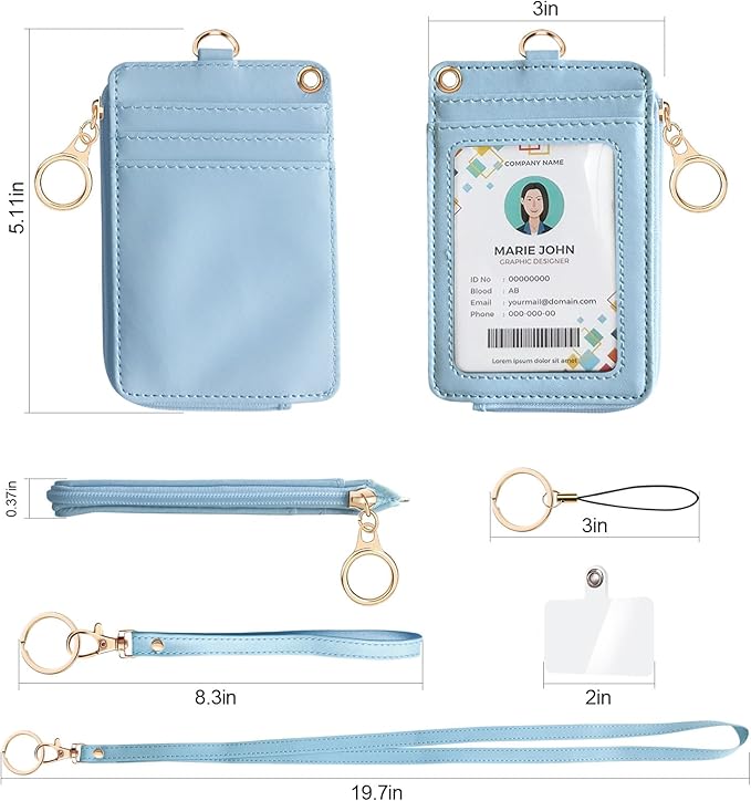 bolimoss 2-in-1 ID Badge Holder & Lanyard Wallet Women Leather Vertical ID Badge Card Holder with Detachable Wristlet & Neck Lanyard, 1 Clear ID Window, 4 Credit Card Slots, 1 Cash Coin Slot Baby Blue