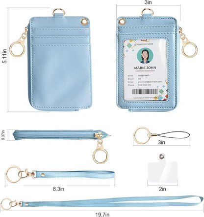bolimoss 2-in-1 ID Badge Holder & Lanyard Wallet Women Leather Vertical ID Badge Card Holder with Detachable Wristlet & Neck Lanyard, 1 Clear ID Window, 4 Credit Card Slots, 1 Cash Coin Slot Baby Blue