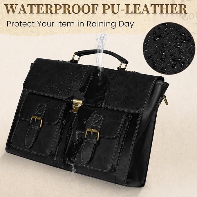 RAINSMORE Mens Messenger Bag 15.6 Inch Leather Vintage Laptop Briefcase Waterproof Computer Laptop Bag Leather Satchel Bag Large Shoulder Bag for Office Work Travel College, Black