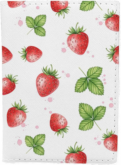 Watercolor Strawberry Passport Holder for Travel Fruit Summer Trendy PU Leather Passport Cover Wallet Cute Passport Card Holder for Women and Men