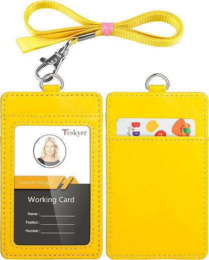 Teskyer Badge Holder with Lanyard, Leather ID Name Badge Card Holder with Lanyard for ID Badges, Vertical, Bright Yellow