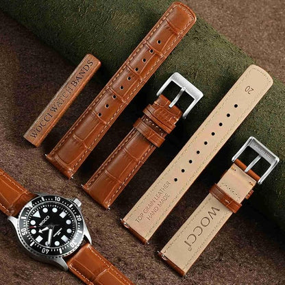 WOCCI Watch Bands, Top Grain Leather, Embossed Alligator Grain, Quick Release, Band Width 18mm 20mm 22mm