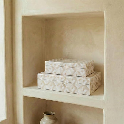 ZICOTO Decorative Storage Boxes with Lids - Set of 2 Beautiful Organizer Bins for Your Bookshelf Home Decor - Safely Store Photos, Documents and Memory Box Keepsakes on Your Shelves in Style