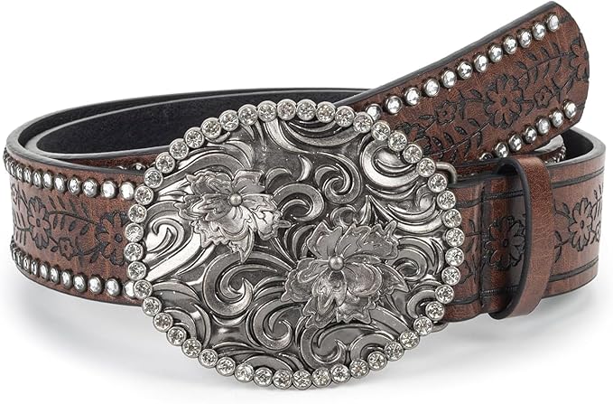 INOGIH Adjustable-Vintage-Western-Cowboy-Belt Women Men - Cowboy-Style Engraved-Buckle Belt for Jeans Pants Dresses