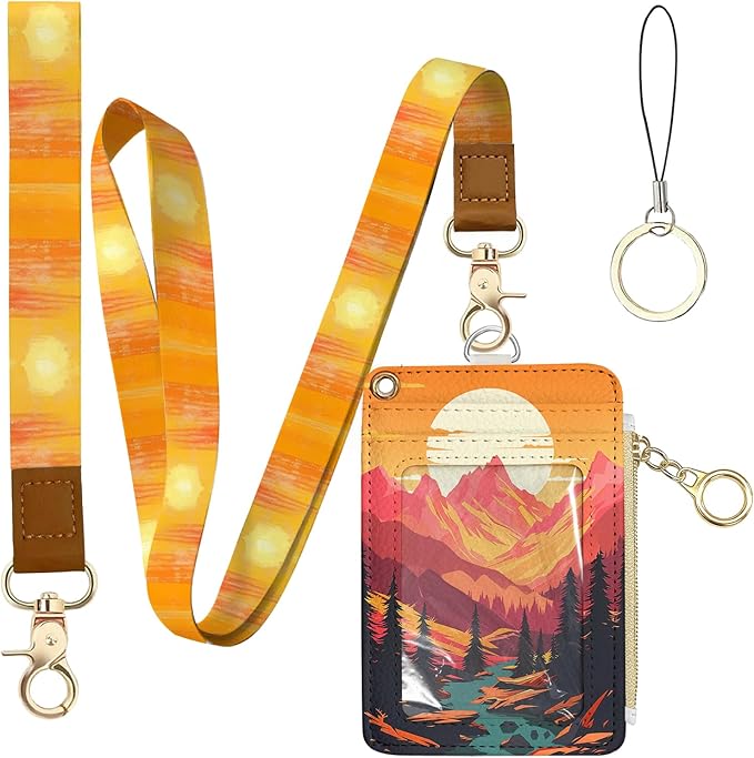 Sunset Leather Badge Holder with Zipper Pocket, Vintage Mountain Work Lanyards and 1 Zip Pocket and 4 Card Slots, Pink Bow Breakaway Lanyards with Metal Clasp for Boys, Adult, Teachers