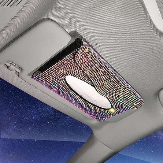Bling Car Sun Visor Tissue Box Holder Pure Hand-Made Sparkling Crystal Auto Napkin Holder PU Leather Backseat Tissue Case for Women (Colorful)