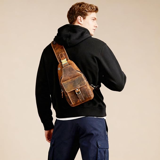 Genuine Leather Hiking Travel DayPack Sling Crossbody Triangle Chest Pack Bag For Men Women 8241 (Coffee 258204)