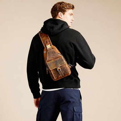 Genuine Leather Hiking Travel DayPack Sling Crossbody Triangle Chest Pack Bag For Men Women 8241 (Coffee 258204)